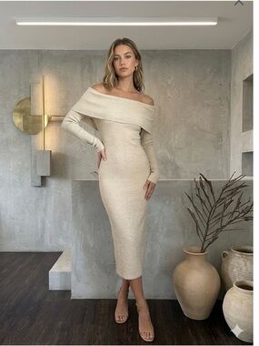 COA Off-Shoulder Knit Midi Dress in Beige Medium